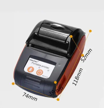 Portable Mini Bluetooth Receipt Printer with clear dimensions and features for easy wireless printing.