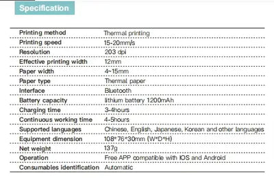 Specifications for Bluetooth Label Printer including printing method, speed, resolution, and battery capacity.