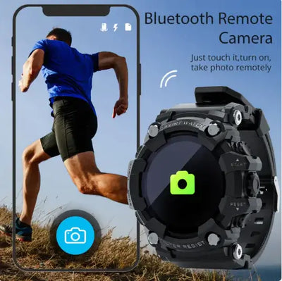FitTrack Pro Smartwatch showcasing Bluetooth remote camera feature for health tracking and connectivity.