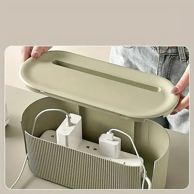 Cable Management Box with lid open, organizing desk and TV cables in a sleek design.