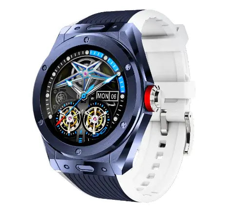 UrbanPulse smartwatch for men, stylish design with black and white band, displaying analog-style interface.