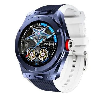 UrbanPulse smartwatch for men, stylish design with black and white band, displaying analog-style interface.