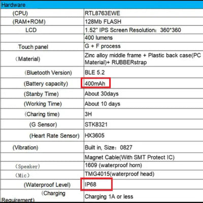 Specification sheet of Titan Track Smartwatch featuring battery capacity, waterproof level, and performance details.