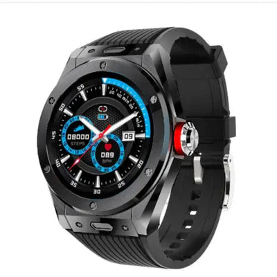 UrbanPulse smartwatch for men showcasing a digital display with step and heart rate tracking features.