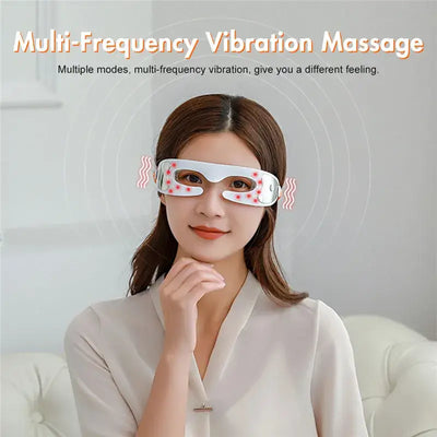 Woman using Eye Massager To Remove Dark Circles demonstrating multi-frequency vibration massage.