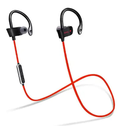 Waterproof sports wireless Bluetooth earbuds with red cable and secure fit for active lifestyles.