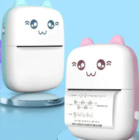 Portable Mini Bluetooth Printer in cute cat design with adorable features and printed paper.