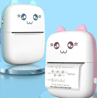 Portable Mini Bluetooth Printer in cute cat design with adorable features and printed paper.