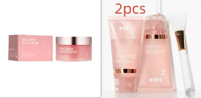 Collagen Jelly Face Cream packaging and product set in beautiful pink jars and boxes.