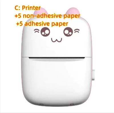 Portable Mini Bluetooth Printer with cute design, includes non-adhesive and adhesive paper for versatile printing.