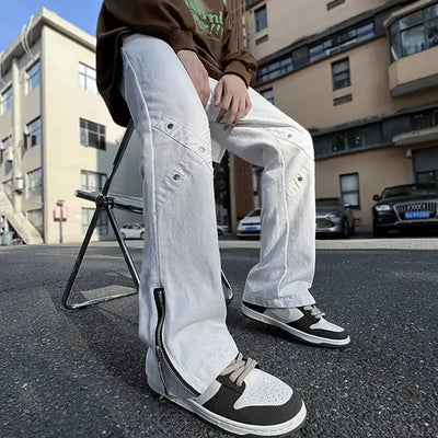 Zipper Jeans for Men by TideGangster styled with casual sneakers outdoors, showcasing modern street fashion.
