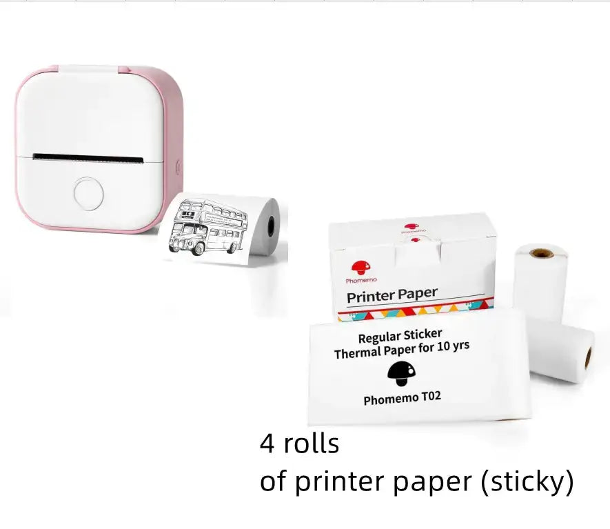 Portable Mini Thermal Label Printer with 4 rolls of sticky printer paper for quick labeling tasks.