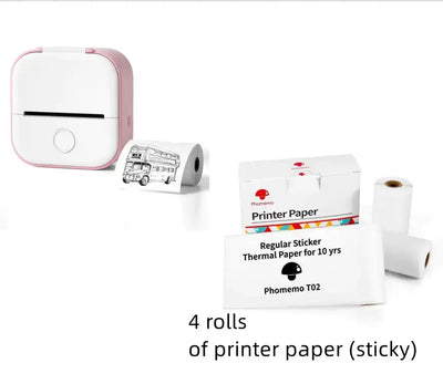Portable Mini Thermal Label Printer with 4 rolls of sticky printer paper for quick labeling tasks.