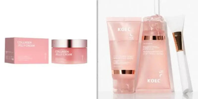 Collagen Jelly Face Cream packaging and additional skincare products in pink containers.