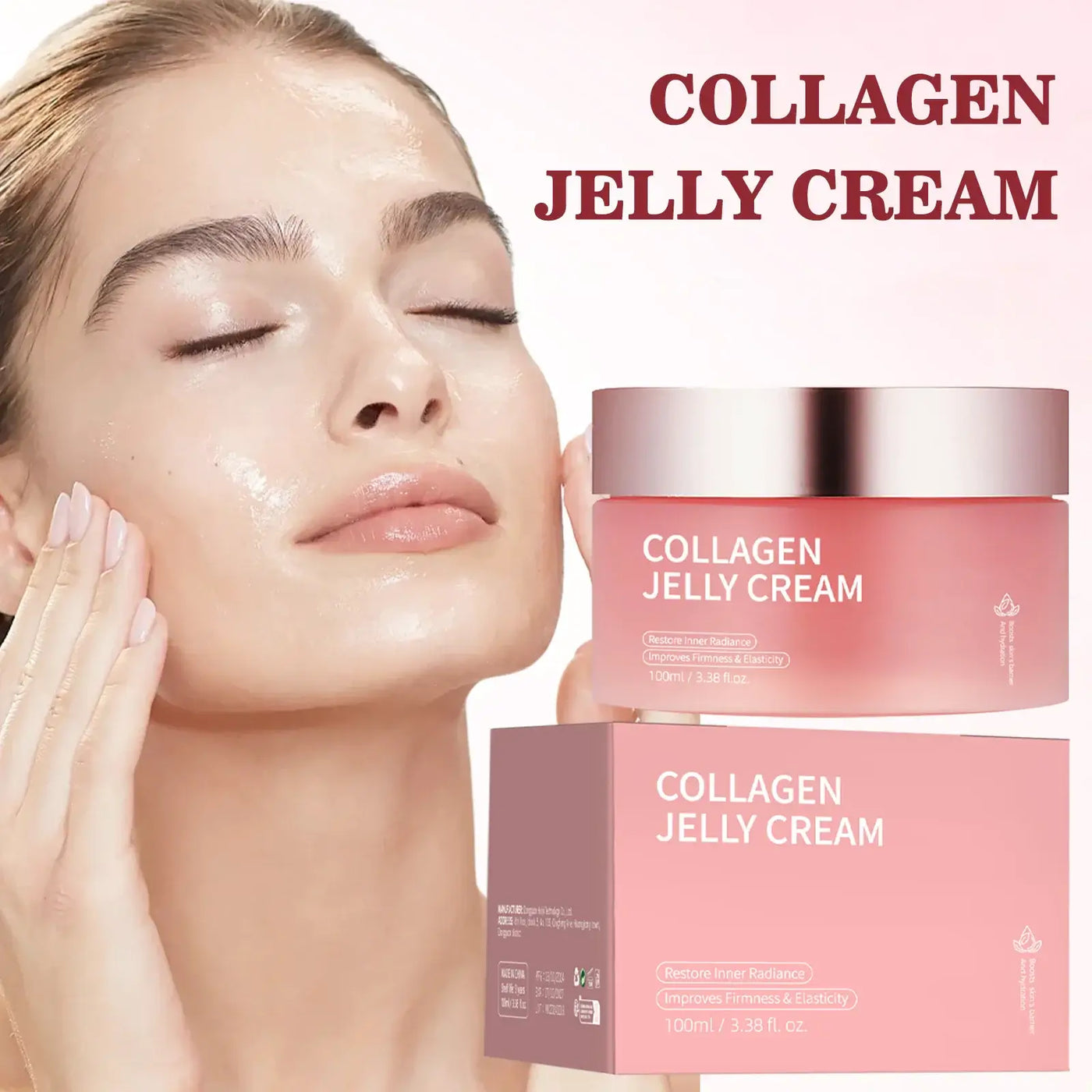 Collagen Jelly Face Cream displayed with a model applying it for hydration and glow.