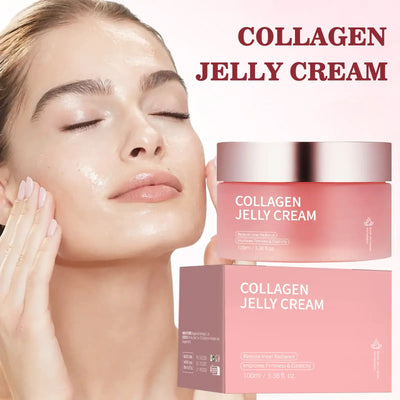 Collagen Jelly Face Cream displayed with a model applying it for hydration and glow.