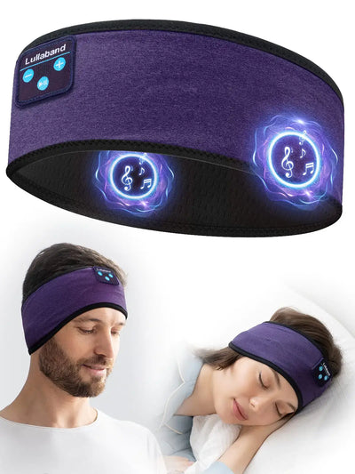 Lullaband Bluetooth Headband in use, featuring wireless speakers for comfort during sleep and relaxation.