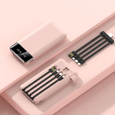 High-capacity power bank in pink with multiple charging cables, ideal for keeping devices powered on-the-go.