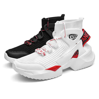 Premium high-top sock sneakers in black and white with stylish accents and secure fit.