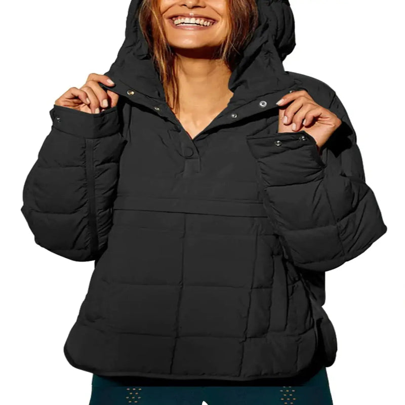 Gacaky Womens Quilted Pullover Puffer Jacket model wearing black puffer jacket with hood and smiling