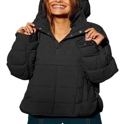 Gacaky Womens Quilted Pullover Puffer Jacket model wearing black puffer jacket with hood and smiling