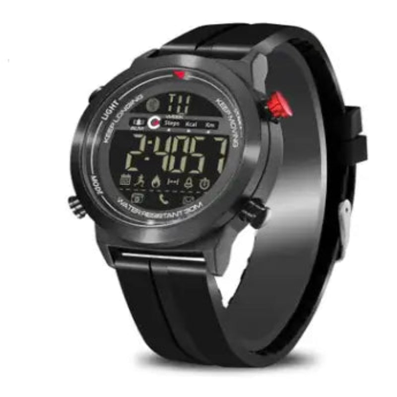 Smartwatch Bluetooth Fitness Tracker with digital display, step counter, and water-resistant features in sleek black design.