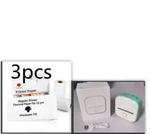 Portable Mini Thermal Label Printer accessories including printer paper rolls and charging cable.