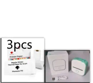 Portable Mini Thermal Label Printer accessories including printer paper rolls and charging cable.