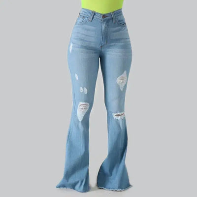 Slim-fit ripped jeans for women, featuring distressed detailing and a flattering silhouette in light blue.