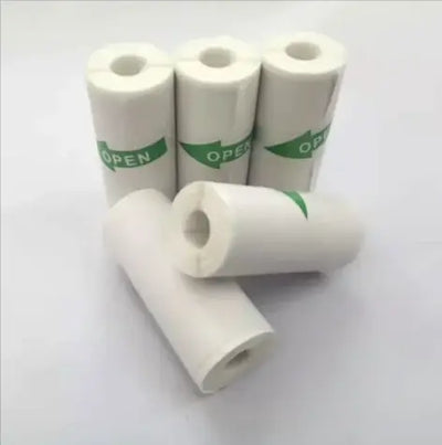 Portable Mini Bluetooth Printer paper rolls stacked, showcasing white design with green 'OPEN' label.