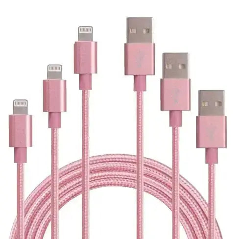 Charging Cables 3ft-6ft-10ft All 3 Included in pink, showcasing various lengths for versatile charging solutions.