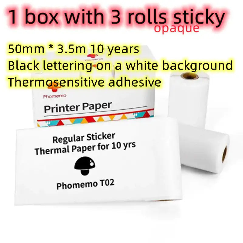 Portable Mini Thermal Label Printer box with 3 rolls of sticky thermal paper, 50mm x 3.5m, black lettering on white background.