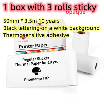 Portable Mini Thermal Label Printer box with 3 rolls of sticky thermal paper, 50mm x 3.5m, black lettering on white background.
