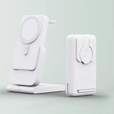 Magnetic Power Bank and wireless charging stand for fast and convenient charging on the go.
