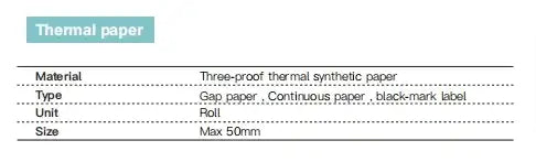Thermal paper specification sheet outlining material, type, unit, and size for labeling purposes.