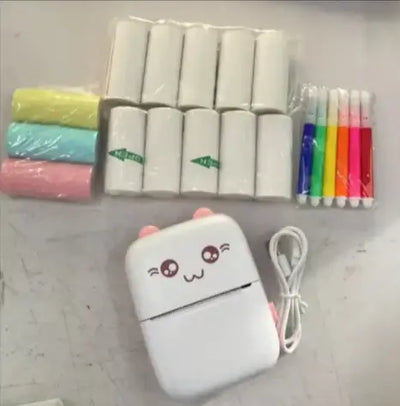 Portable Mini Bluetooth Printer with printing rolls and colorful markers.