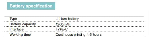Battery specifications for Bluetooth Label Printer, includes lithium type, 1200mAh capacity, TYPE-C interface, 4-5 hours working time.