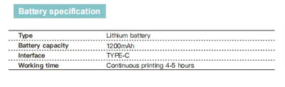 Battery specifications for Bluetooth Label Printer, includes lithium type, 1200mAh capacity, TYPE-C interface, 4-5 hours working time.