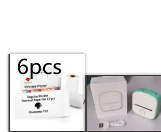 Portable Mini Thermal Label Printer with printer paper rolls and USB cable for easy labeling tasks.