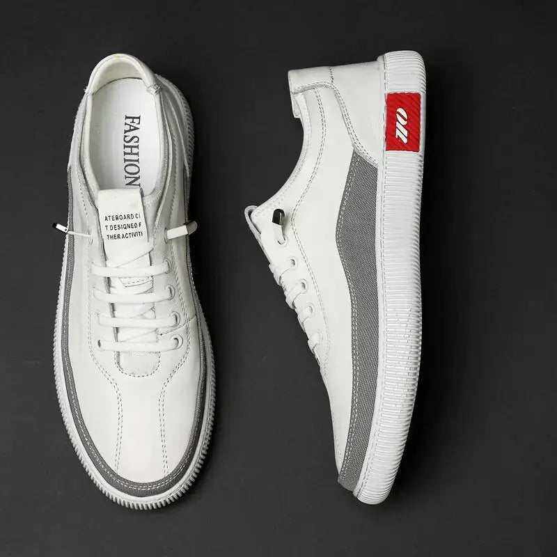 Leather Casual Sneakers and Sandals in stylish white with gray accents and red logo for a modern look.