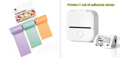 Portable Mini Thermal Label Printer with colorful printer paper rolls and adhesive sticker roll.