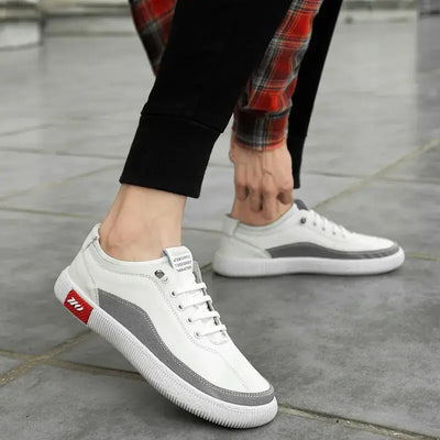 Leather Casual Sneakers and Sandals in stylish white, grey, and red design, perfect for casual outings and everyday wear.
