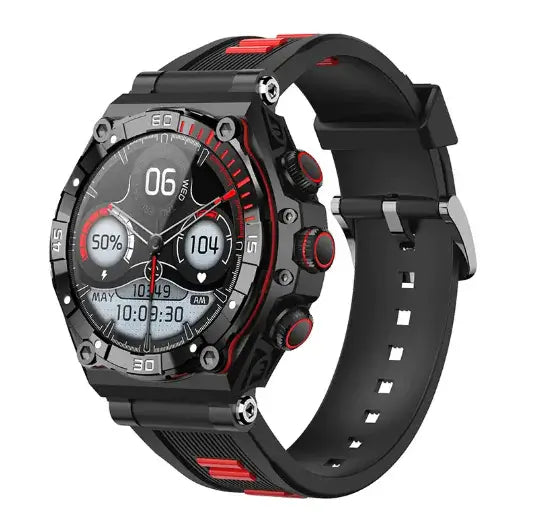 CallFit Smartwatch in black and red design with digital display and fitness tracking features.