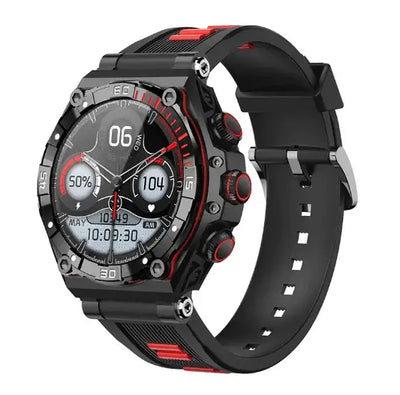 CallFit Smartwatch in black and red design with digital display and fitness tracking features.