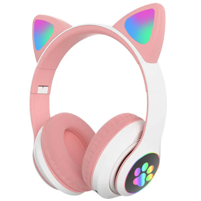 Cat Bluetooth headphones with pink design, cozy ear cushions, and colorful LED accents.