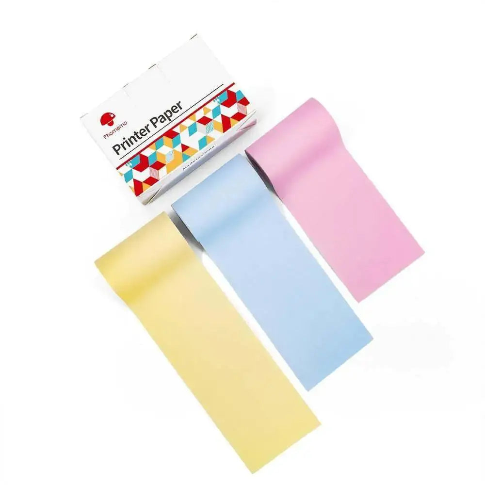 Colorful rolls of printer paper next to a box, suitable for the Portable Mini Thermal Label Printer.
