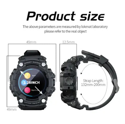 FitTrack Pro Smartwatch size illustration showing dimensions and strap length specifications.