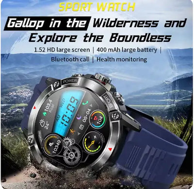 Titan Track Smartwatch showing features like health monitoring and Bluetooth call with a scenic background.