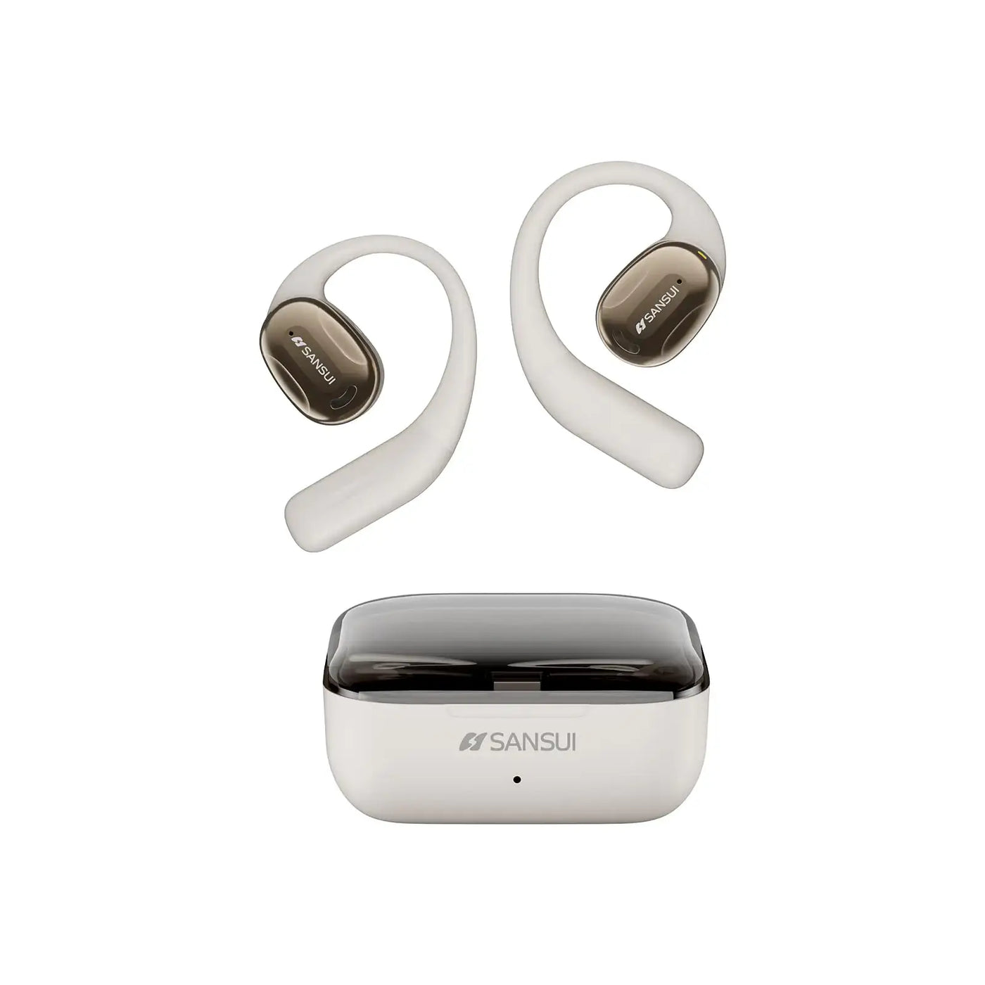 SANSUI Open Ear Wireless Bluetooth headphones with charging case, showcasing open-ear design and sleek style.