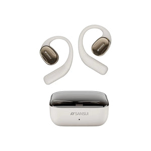 SANSUI Open Ear Wireless Bluetooth headphones with charging case, showcasing open-ear design and sleek style.